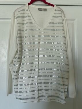 Chico's White V-Neck Sequin Accent Top